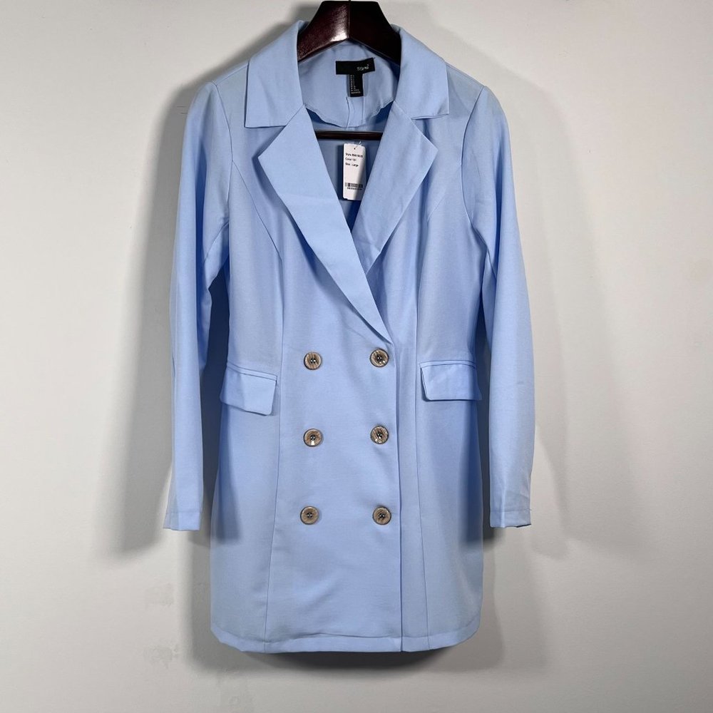Double Breasted Long Blazer Baby Blue Size LG Pockets NWT Suzanne Betro